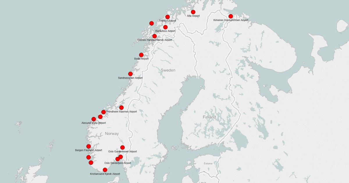 flyplasser i norge kart Norge Flyplasser Kart Kart Over Norge Flyplasser Northern Europe Europe flyplasser i norge kart