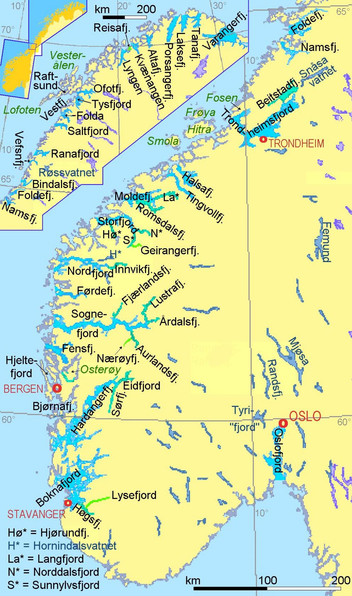 kart over Norge som viser fjorder