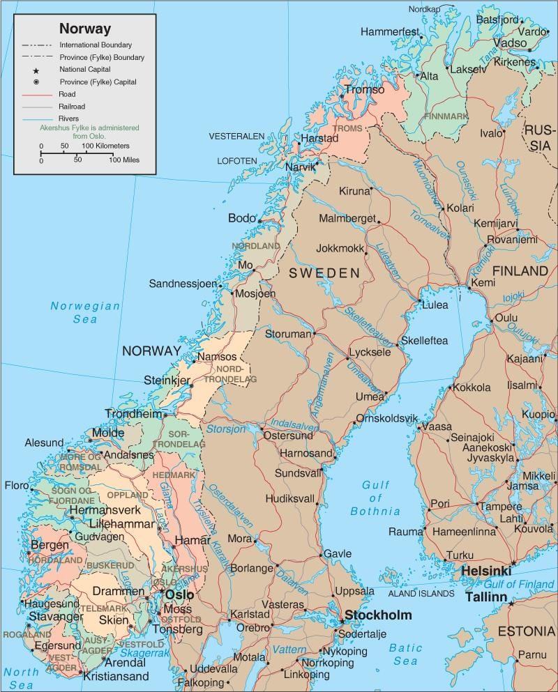 Kart over Norge fosser