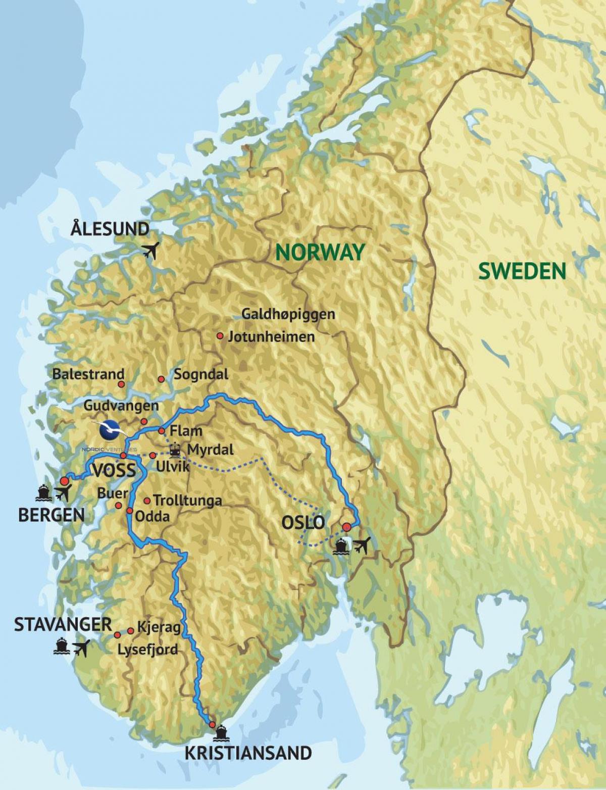 Kart over sør-vest Norge
